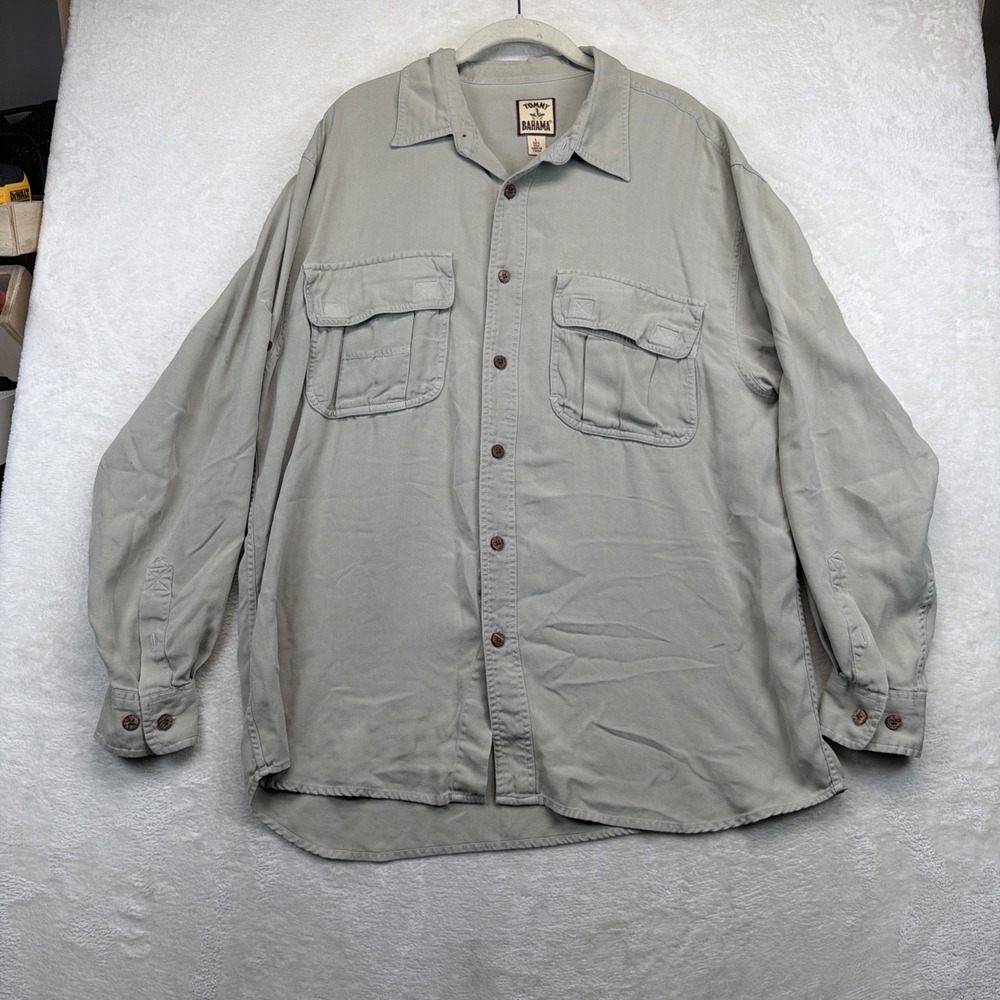 Tommy Bahama Men's 100% Silk Safari Shirt Large Taupe Long Sleeve Cargo Pockets